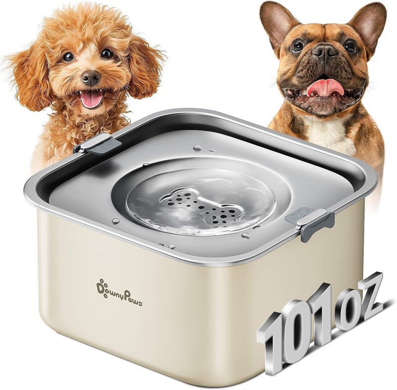 DownyPaws No Spill Water Bowl for Dogs,101oz/3L Slobber Stopper Stainless Steel, Slow Drinking Dog Water Bowl, No Mess Dog Water Dispenser Spill Proof, Dishwasher Safe, Beige - Image 1